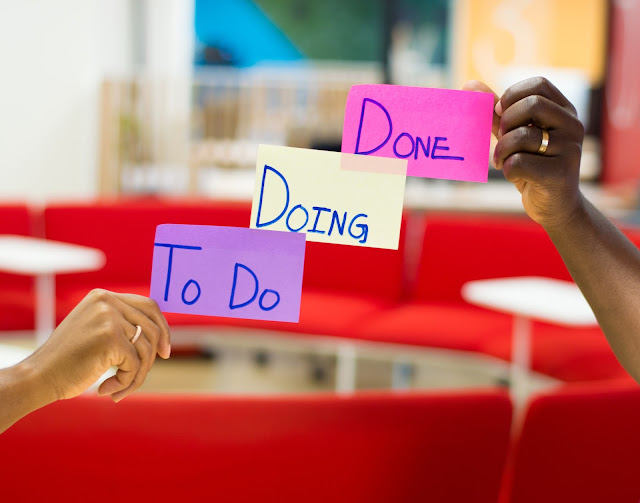 hands holding up signs "To Do", "Doing", and "Done"